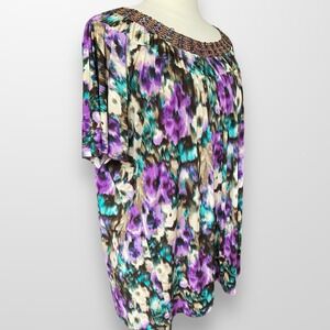 Essentials Womens 2X Tunic Blouse Shirt Stretch Flowey Slinky Beaded‎